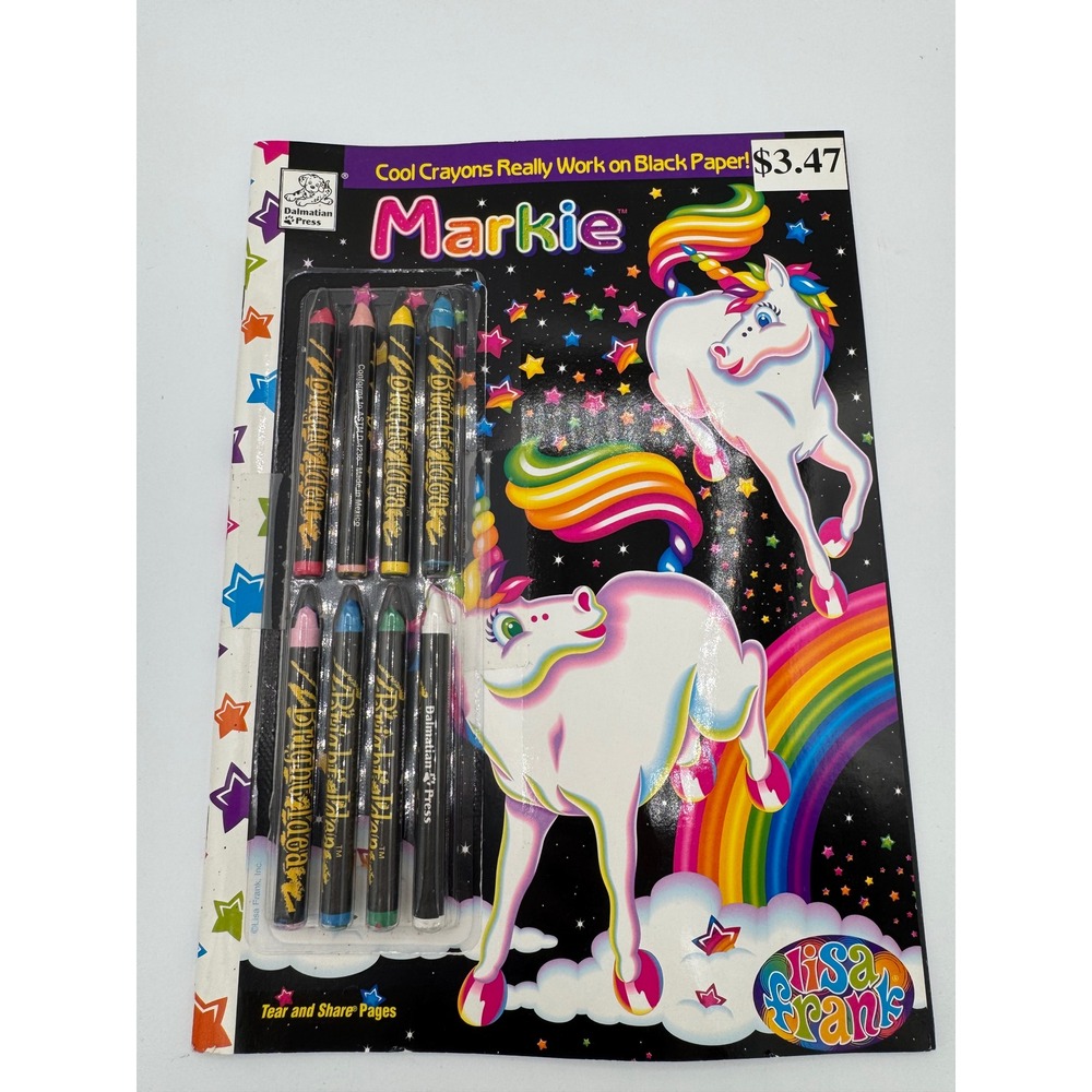 Vintage Lisa Frank Markie Unicorn Black Paper Coloring Book with Crayons 2003
